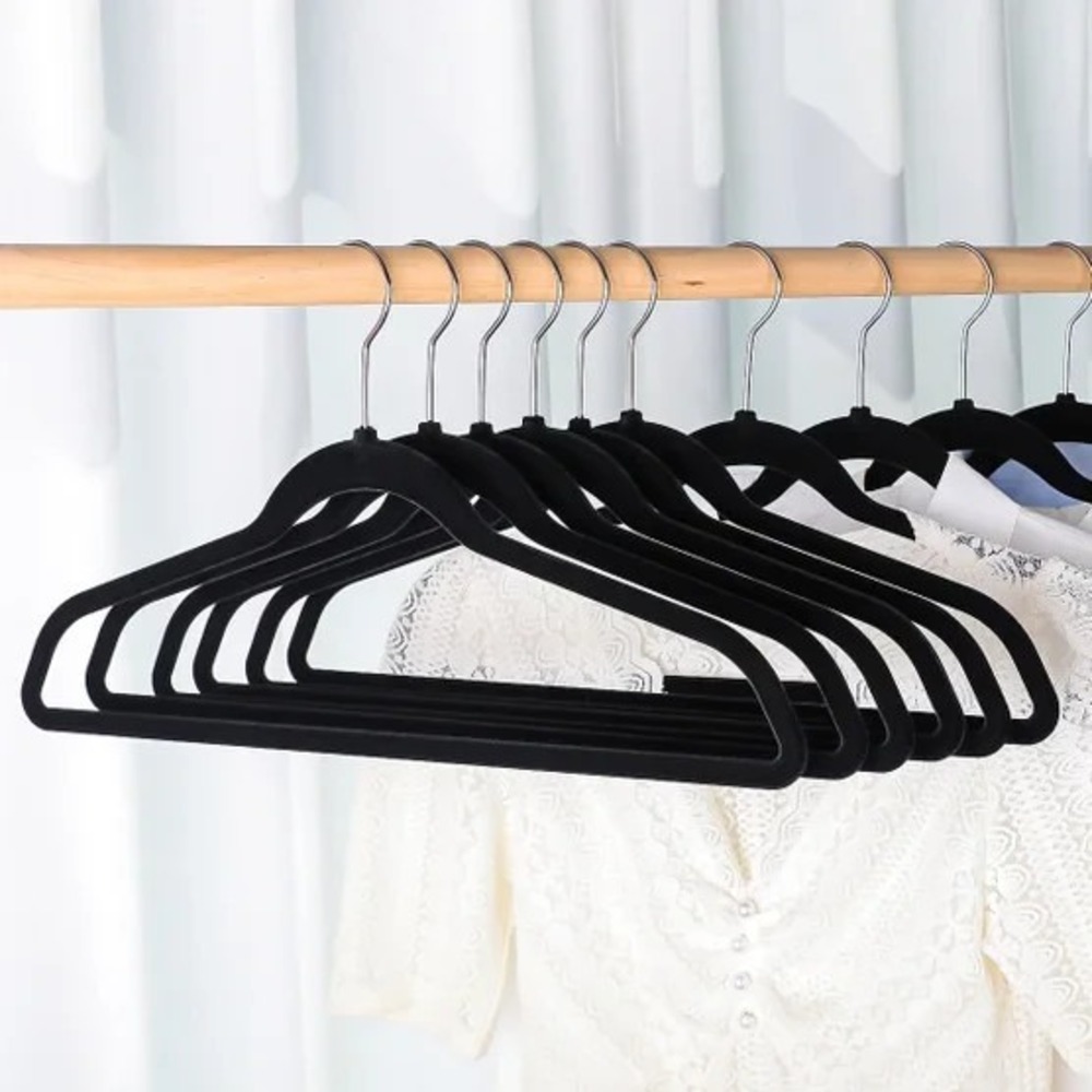 50 Pack Flocked Hangers Closet Space Saving Sturdy Non Slip Slim Design Black - Picture 10 of 13